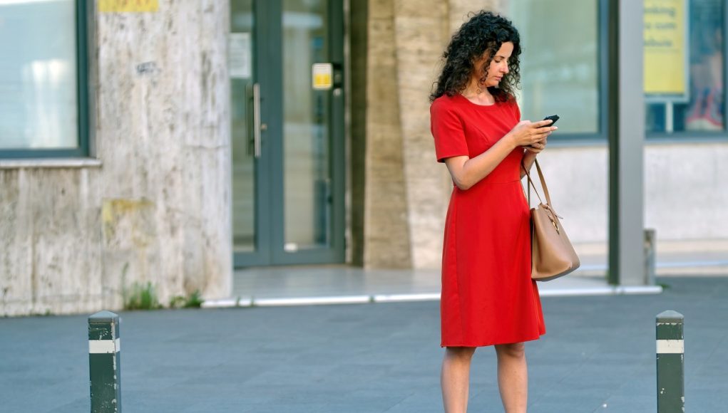 woman, red dress, phone, purse, bag, young, the person, building, the sidewalk, urban, town, red dress, red dress, red dress, red dress, red dress, phone, phone, purse, purse, bag, bag, bag, bag