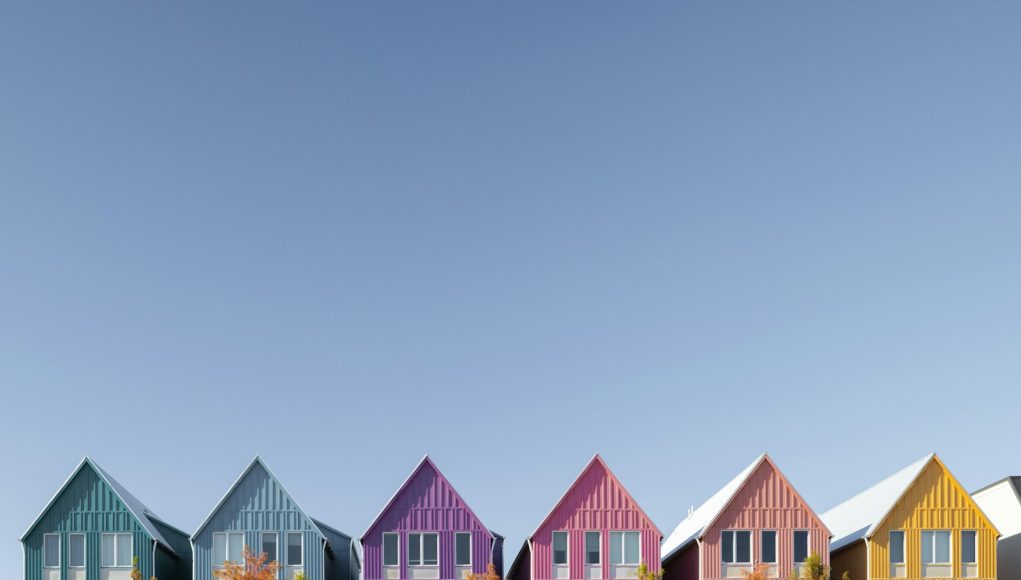 Colorful houses line a bright blue sky.
